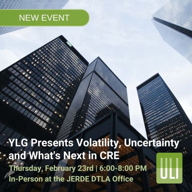 NEW EVENT: Thursday, February 23rd from 6:00-8:00PM in DTLA
YLG Presents Volatility, Uncertainty, and What's Next in CRE

With rising inflation, high-interest rates, supply chain constraints, and the expectation of a stagnating economy, the current macroeconomic environment is as volatile as ever.
 
Join the ULI Los Angeles Young Leaders Group to hear from accomplished industry leaders working in capital markets, acquisitions, development, and portfolio/asset management. They will share insights on navigating this challenging environment and predictions on what is to come in the new year.
 
This event will provide a unique outlook on current and projected market conditions in the commercial real estate industry, including recessionary risks, the effects of rising interest rates, and other concerns and opportunities. Networking and audience Q&A will follow the panel discussion.

Click the link in our bio to register, see our panelists, and learn more!

#ULI #LosAngeles #CapitalMarkets #Finance #AssetManagement #Acquisitions #Development #CRE #RealEstate #LandUse #MarketCrash #Volatility