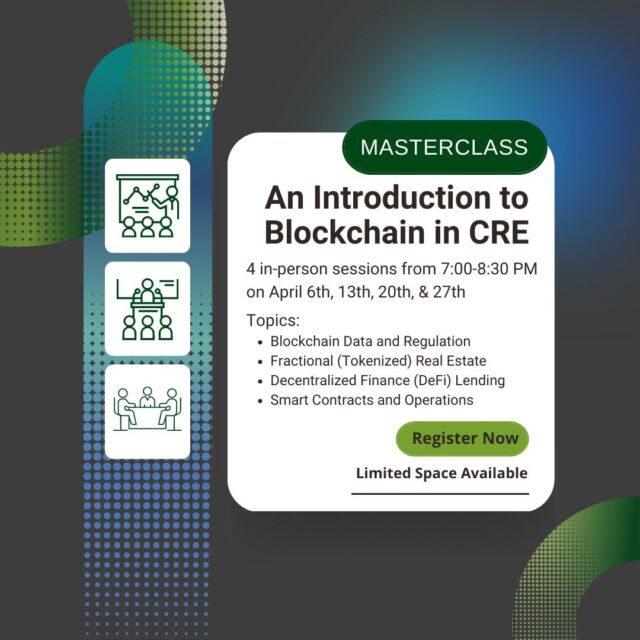 Less than 10 spots left in our upcoming #Masterclass: An Intro to #Blockchain in #CRE! Blockchain technology is going to revolutionize commercial real estate by changing the way we invest, borrow, lend and rent. This masterclass will introduce students to different blockchain technologies and their use cases.

This course is comprised of 4 in-person sessions Thursday, April 6th, 13th, 20th, and 27th from 7:00-8:30 PM. This course is taught by Jake Goldstein and features guest speakers for each session.

For more information and to view the course breakdown, see here:  http://on.uli.org/6xjj50NucCf
There's limited space left so register today!

#ULI #LosAngeles #EmergingTech #FinTech #RealEstate #CapitalMarkets