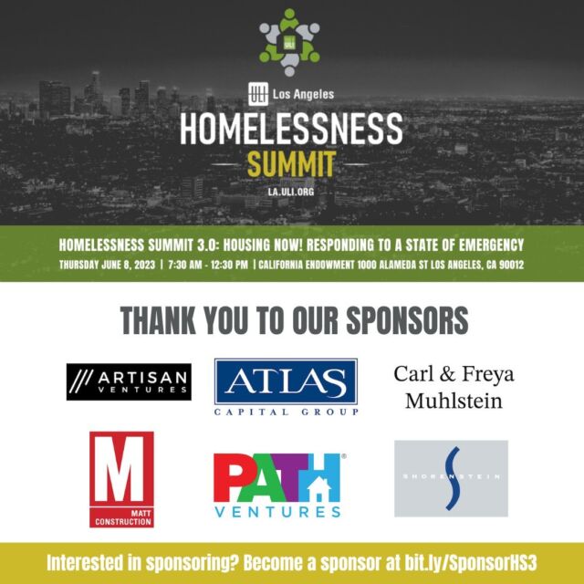 ULI Los Angeles proudly highlights this year's #Homelessness #Summit 3.0 #sponsors! Thank you for supporting our efforts to bring together our city’s best and brightest to respond to the #HomelessnessCrisis and our current #StateOfEmergency.

Interested in sponsoring? Please fill out this form: bit.ly/SponsorHS3 and send it to LosAngeles@ULI.org.