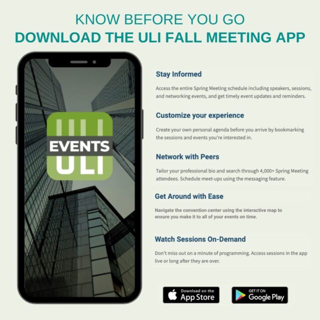 #KnowBeforeYouGo Before you attend the #ULIFall Meeting, make sure you download the ULI Events #App! It's the best way to stay informed, view all the sessions and speakers, and get timely updates and reminders. We highly suggest using the personal scheduler to build your experience before you arrive. 

Download the ULI Events app on the Apple Store and Google Play by searching "ULI Events." Set up your account by logging in with your professional email and then clicking ULI Fall Meeting 2023.

#ULI #WhereTheFutureIsBuilt
