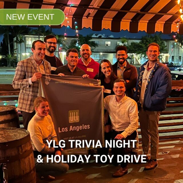 Grab a drink, bring a toy, and get ready for some real estate trivia! Join YLG on December 6th from 6:30 - 8:30 PM to kick off the holiday season at Bigfoot West. Come network with old friends and new connections, play a special trivia game about Los Angeles and real estate, and donate a toy to a kid in need as part of ULI LA YLG's 14th Annual Holiday Toy Drive!

Since 2010, ULI YLG has collected over 1,000 toys annually for three Los Angeles charities and many smiling faces. In the spirit of giving this season, please bring a new, unwrapped toy for a child or teen. The 2023 charities include:

🎨 A Place Called Home (APCH) is a non-profit youth center located in South Central Los Angeles that provides educational programs, counseling, mentoring, music, dance, and art classes. APCH strives to help youth achieve a better sense of themselves and the world around them.

🍃 Little Tokyo Service Center (LTSC) works to build community by offering culturally sensitive social services, providing housing and community development, and promoting the rich heritage of the ethnic community. LTSC is based in Downtown Los Angeles.

🏠 The Midnight Mission is a non-profit organization that provides shelter, job training, education, and workforce development programs to those experiencing homelessness so that they can maintain healthy, productive lives. They provide services to many families with children.

This is a 35 and under social. Members and Non-Members are welcome so bring a friend! All registrants will receive one free drink ticket with the price of admission. Register now before this event sells out!

Register through the 🔗 in our bio!

#ULI #YLG #YoungProfessionals #Networking #TriviaNight #RealEstate #LandUse #Urbanism