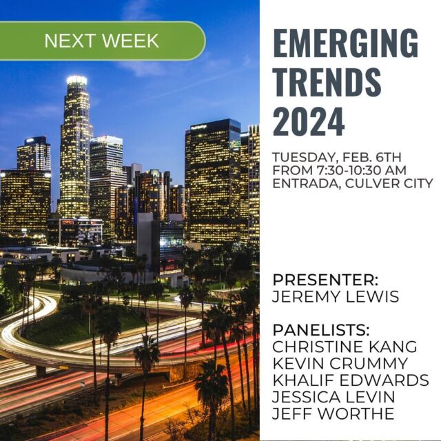 You’re cordially invited to ULI Los Angeles’ signature capital markets event, Emerging Trends 2024! This event is almost sold out so register today through the link in our bio!

Come hear the highlights of the Emerging Trends in Real Estate® United States and Canada 2024 report, produced jointly by the Urban Land Institute and PwC and presented by Jeremy Lewis, Director of Financial Markets at PwC. As the winds of change continue to reshape the landscape of commercial real estate, it’s evident that we’re entering a new era—a “Great Reset.” The post-pandemic world is here to stay, and our industry faces profound shifts, not only in office spaces but across the real estate spectrum.

Following the presentation, we will have our panel of experts, Kevin Crummy, Khalif Edwards, Jessica Levin, Jeff Worthe, and moderated by Christine Kang, provide their view of the state of capital markets in Los Angeles. Panelists will discuss which deals they expect to get done and the flow of capital in 2024, as well as share their perspectives on the various proposed ballot measures upcoming this year and their potential effect on the real estate market.

Thank you to our event sponsor Greenberg Traurig, LLP and our event host Lincoln Property Company!

Learn more and register today through the link in our bio!

#ULI #LosAngeles #EmergingTrends #MarketOutlook #RealEstate #CRE #CapitalMarkets