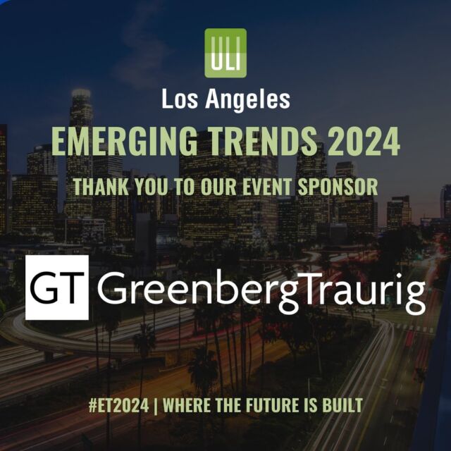 This year’s #EmergingTrends wouldn’t be possible without our event sponsor, Greenberg Traurig LLP @gt_law! Thank you for supporting ULI’s mission to shape the future of the built environment for transformative impact in communities worldwide.

Register for Emerging Trends 2024 through the link in our bio!

#ET2024 #WhereTheFutureIsBuilt