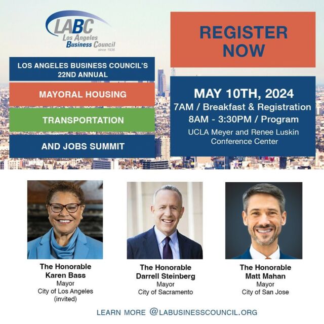 Registration is open for the Los Angeles Business Council’s 22nd Annual Mayoral Housing, Transportation, and Job Summit! Join us on May 10th, 2024 from 7:00 AM - 3:30 PM at UCLA.

This year’s featured speakers include the Honorable Karen Bass, the Mayor of Los Angeles, the Honorable Darrell Steinberg, the Mayor of Sacramento, and the Honorable Matt Mahan, the Mayor of San Jose.

Register through the 🔗 in the bio!

#LABC #MayoralSummit #Housing #Transportation #JobMarket #EconomicDevelopment #UrbanPlanning