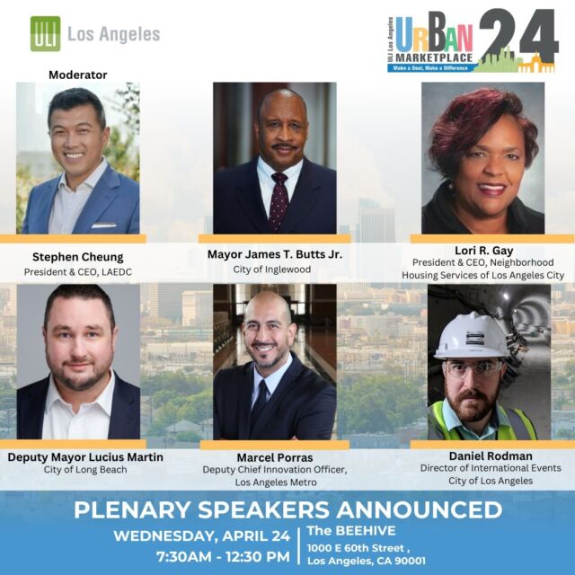 Check out the powerhouse panel of Plenary Speakers at #UrbanMarketplace! 🔥

Moderated by Stephen Cheung, President & CEO of LAEDC, this panel features:

Mayor James T. Butts Jr., City of Inglewood
Lori R. Gray, President & CEO, Neighborhood Housing Services of Los Angeles City
Deputy Mayor Lucius Martin, City of Long Beach
Marcel Porras, Chief Innovation Officer, LA Metro
Daniel Rodman, Director of International Events, City of Los Angeles
Don't miss this critical discussion on how major sporting events impact communities of color. Register now for on our website.