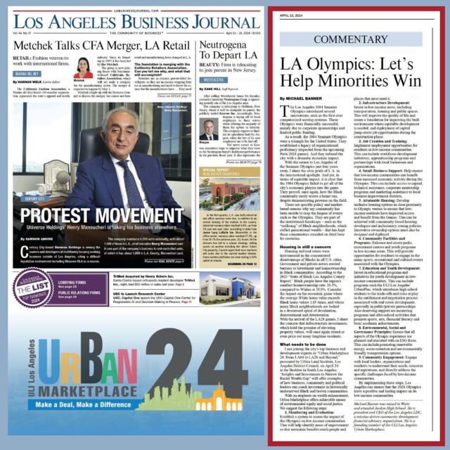 Look what was in the Los Angeles Business Journal @labusinessjournal! 👏👏👏 Don’t be left without a ticket to #UrbanMarketplace 2024: From LA84 to LA28 and Beyond: Insights and Investments to Narrow the Racial Wealth Gap! Our signature half-day conference is two days away and will cover crucial #LA28 topics such as #development without #displacement, the Accelerated Housing and Transit Development (#AHTD) Project, #sustainability, #recreational #publicspace and more. 

Read the Los Angeles Business Journal article and register for #UM24 through the 🔗 in our bio!